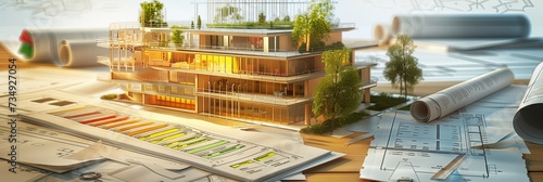3D creation of a sustainable building architecture model with plans, energy efficiency tables and other documents