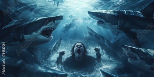 Panicked Man's Desperate Pleas For Help As Sharks Surround Him In Water photo