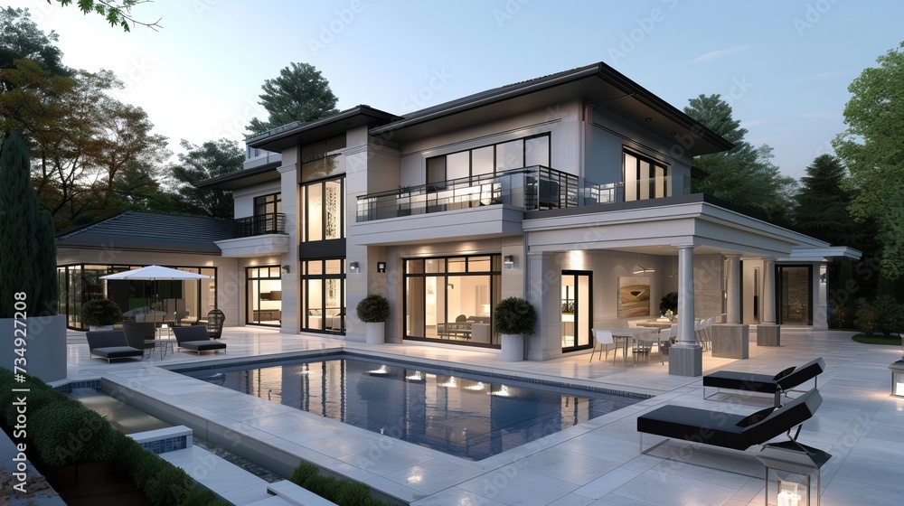 3D model of a luxurious, contemporary home with a swimming pool