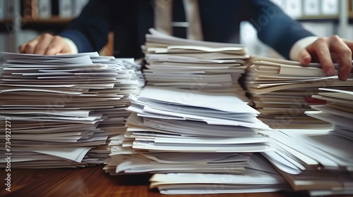 Businessman hands working in Stacks of paper files for searching information on work desk in office, business report papers. © Lucky Ai
