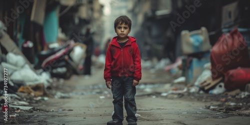 Young Destitute Child Stands Amidst Cluttered Street, Clothed In Tattered Garments