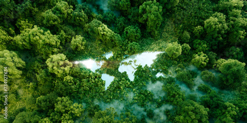 World continents in a form of a large lake amids lush rainforest as an ecology metaphopre for nature conservation and climate change awareness. 3d rendering. photo