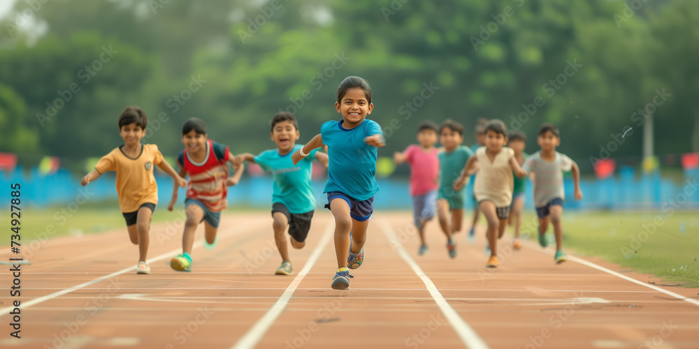 Cheerful Children From India Race Joyfully In Sports Stadium