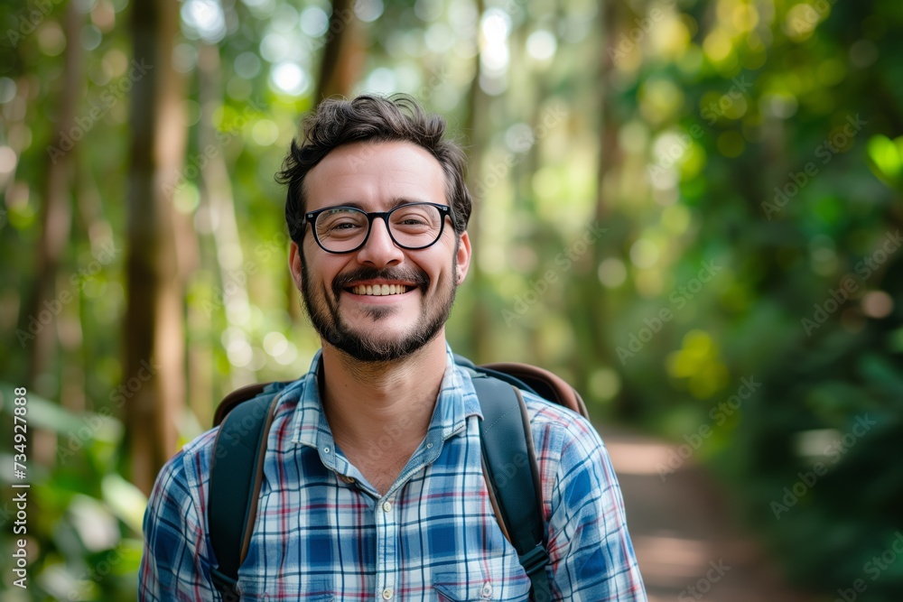 Joyful Man Delighting In Serene Wilderness Stroll, Amidst Verdant Woodland Landscape Joyful Man Delighting In Serene Wilderness Stroll, Amidst Verdant Woodland Landscape