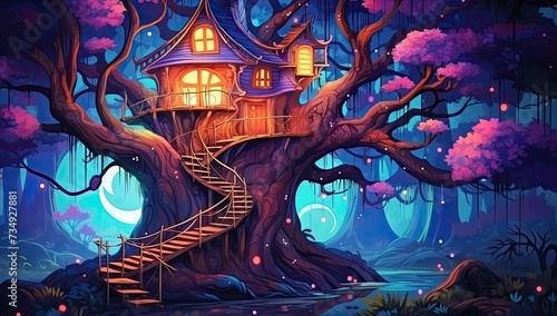 Illustration of a fantasy tree house located in a magical forest at night, surrounded by enchanting elements and mystical atmosphere