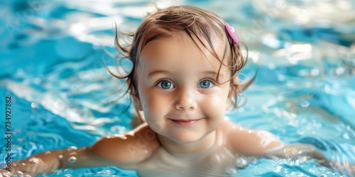 Enthusiastic Baby Girl Having Fun In The Pool, Being Taught To Swim By An Instructor