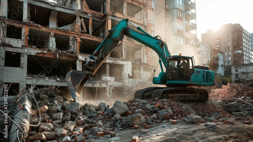 Front view of a crawler excavator working in the dark at a demolition site