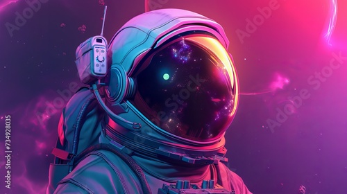 Bright gradient color, cosmic shades, intricate details, futuristic, dramatic, isometric perspective, representing an astronaut, blending helmet and galaxy elements