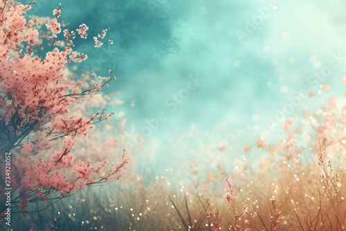 Dreamy spring background with blossoming pink tree. ethereal nature scene. serene and tranquil landscape. fantasy artwork for creative design. AI