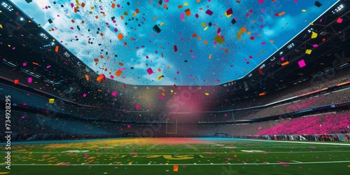 Vibrant Backdrop As Colorful Confetti Rains Down On Football Stadium © Anastasiia