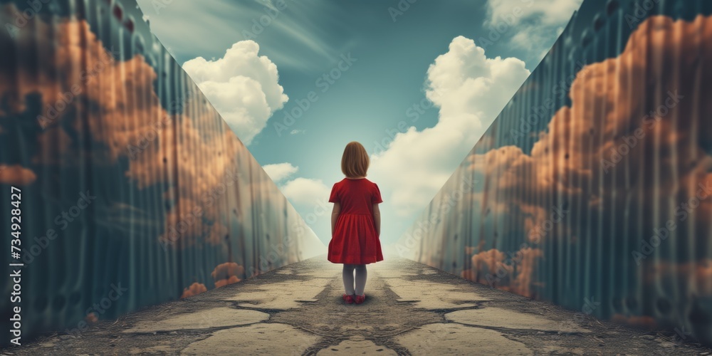 Brave Girl Escapes Danger, Seeking Safety In Conflict-Stricken Surroundings - obrazy, fototapety, plakaty 