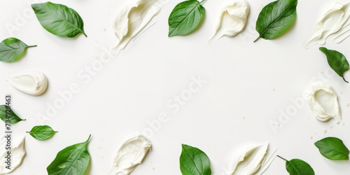 Elegant Leaf Accents Enhance Creamy Skincare Product Displayed On A Sleek White Background