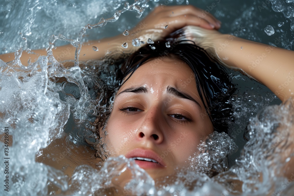 Fototapeta premium Distressed Woman Submerged In Water, Struggling For Survival And Seeking Help