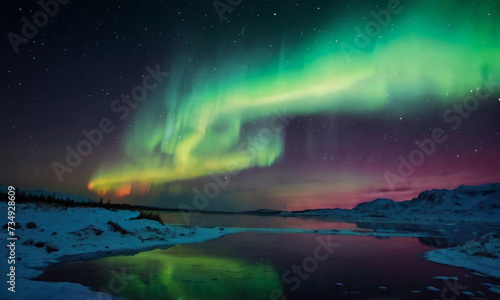 Northern lights snowing blizzard. AI generated © Mystery