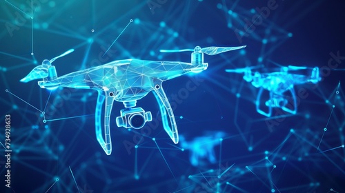 Futuristic Drone Technology Abstract. Digital wireframe of drones flying with a blue neon glow. Digital low poly 3D drone flying in the future photo