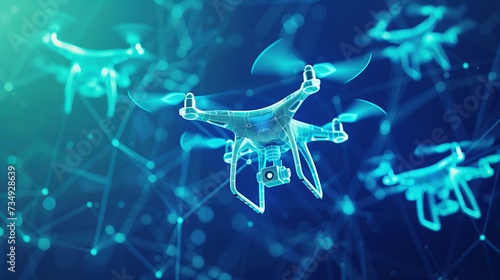 Futuristic Drone Technology Abstract. Digital wireframe of drones flying with a blue neon glow. Digital low poly 3D drone flying in the future photo