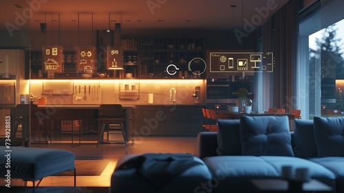 luminous smart home icons on the background of the kitchen and living room. Concept of automation and hi tech. 3d rendering toned image double exposure