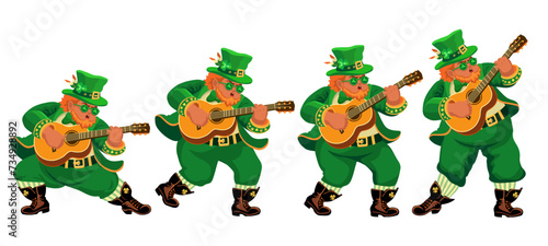 Set of four funny musicians guitarists in leprechaun costumes. People with guitars. Cartoon characters are isolated on white. Illustration for St. Patricks Day, an Irish holiday. Vector.