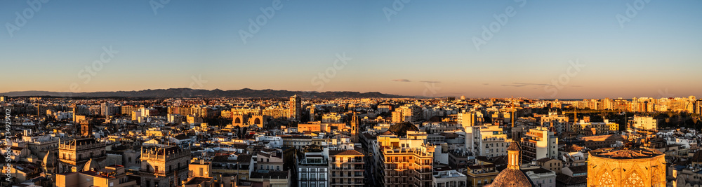 Panoramic view of Valencia city from Valencia Cathedral roof in the sunset in Spain
