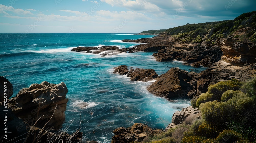 Serene coastal landscape with turquoise waves crashing on rocky shoreline, perfect for backgrounds and wall art. AI
