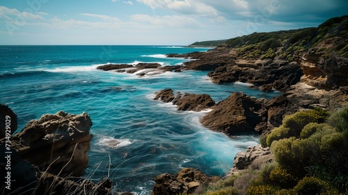 Serene coastal landscape with turquoise waves crashing on rocky shoreline, perfect for backgrounds and wall art. AI