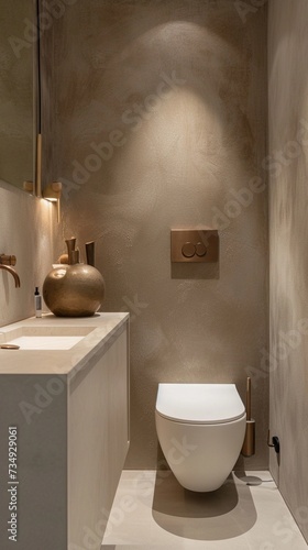 Guest toilet room, walls with mineral plaster in a natural shade