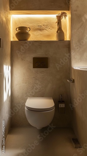 Guest toilet room, walls with mineral plaster in a natural shade