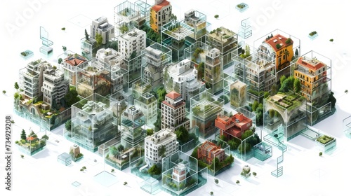 isometric cityscapes, white backdrop, conceptual mapping, and geometric diagram displaying different surfaces of the European terrain with layers of transparency an atlas of residential neighborhoods 