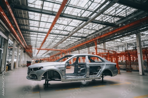 A silvery car body against the background of a huge production workshop