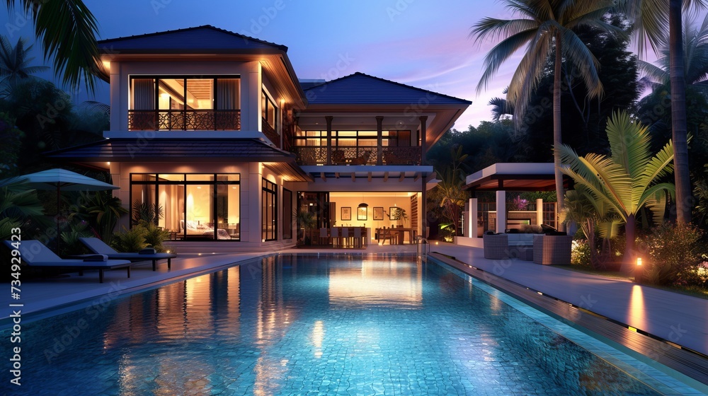 luxurious swimming pool villa at dusk 