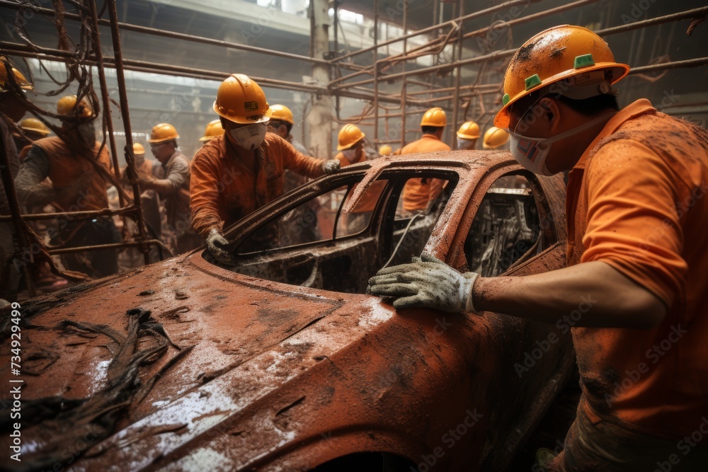 Picture illustrating the work of rescuers in overalls and helmets to sort out rubble after disaster