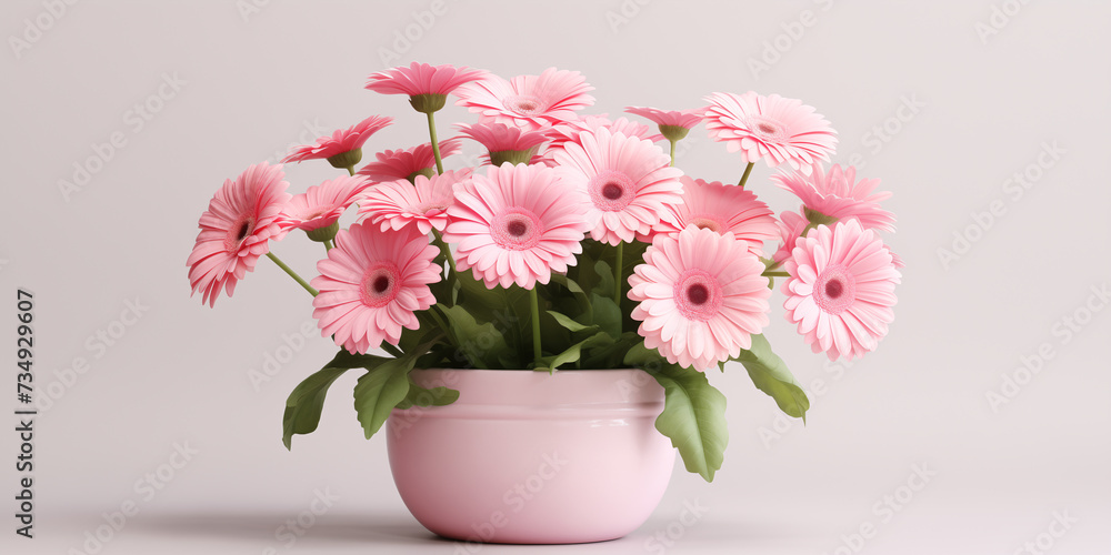 Pink gerberas in a pot on a light background