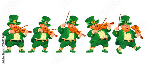 Set of funny musicians violinists in leprechaun costumes. People with violins. Cartoon characters are isolated on white. Illustration for St. Patricks Day, an Irish holiday. Vector.