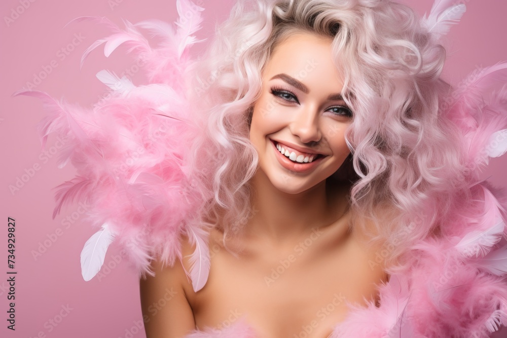 Close-up portrait of a happy woman in a dress with feathers on a solid pink background