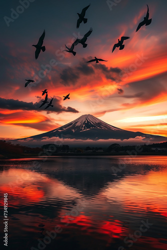 Sunset behind a mountain with the silhouette of a birds flying across the sky and the sun   s reflection shimmering on the lake
