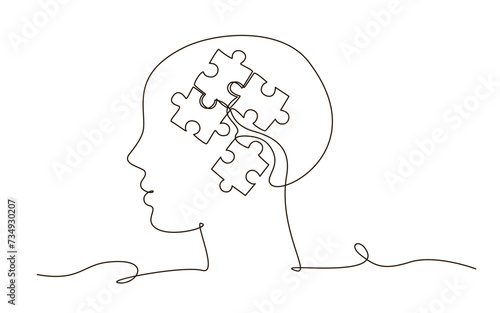 Child head silhouette with puzzles continuous one line symbol drawing. World autism awareness day. Health care concept. Design for infographic, banner, card.