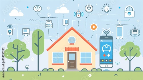 Smartphone controlled smart home. Small house standing on screen mobile phone and wireless connections with icons home electronics devices. iot