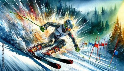A dynamic watercolor painting of a skier in motion, aggressively navigating through slalom gates on a snowy slope with a forest backdrop.Sport concept.AI generated.