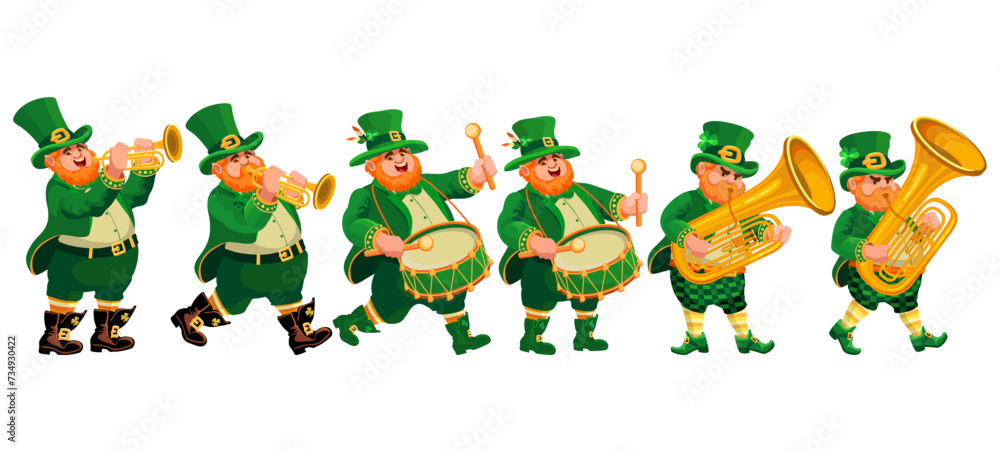 Set of funny musicians drummers, trumpeters, and tuba players in leprechaun costumes. People, cartoon characters are isolated on white. Illustration for St. Patricks Day, an Irish holiday. Vector Set of funny musicians drummers, trumpeters, and tuba players in leprechaun costumes. People, cartoon characters are isolated on white. Illustration for St. Patricks Day, an Irish holiday. Vector
