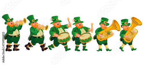 Set of funny musicians drummers, trumpeters, and tuba players in leprechaun costumes. People, cartoon characters are isolated on white. Illustration for St. Patricks Day, an Irish holiday. Vector