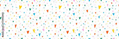 Hand drawn simple sprinkle seamless pattern. Bright color confetti, hearts on white background. Vector Illustration for holiday, party, birthday, invitation.