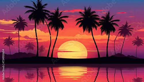 Illustration of a tropical sunset on the beach with palm trees, featuring a beautiful palm tree silhouette against the backdrop of the setting sun