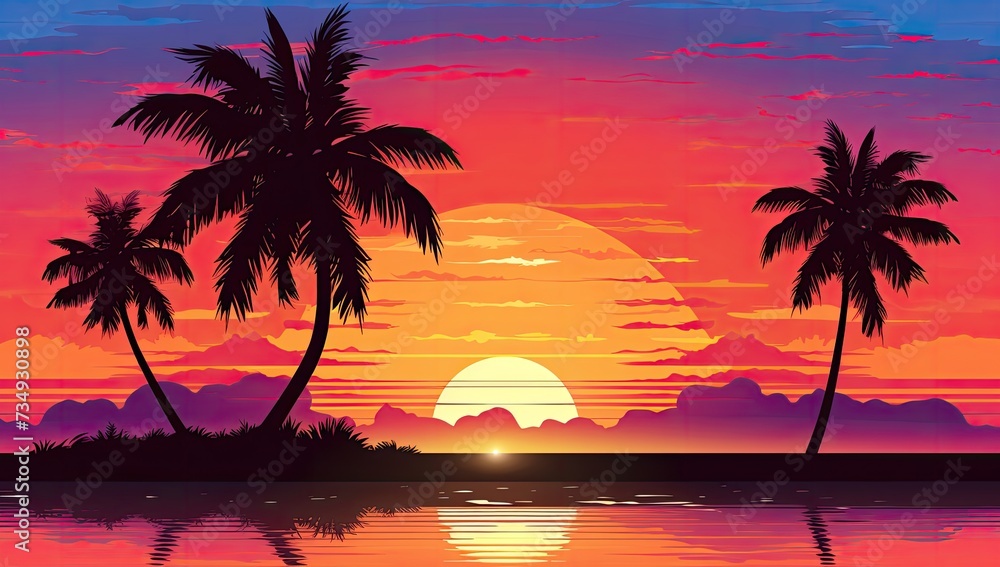 Illustration of a tropical sunset on the beach, featuring palm trees in silhouette against the colorful sky