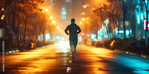 Nighttime Jogger Races Through Urban Streets, Embracing The Citys Vibrant Energy photo