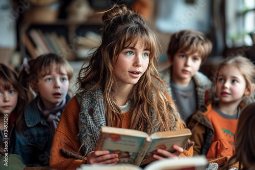 A primary school teacher reading a book by her students.