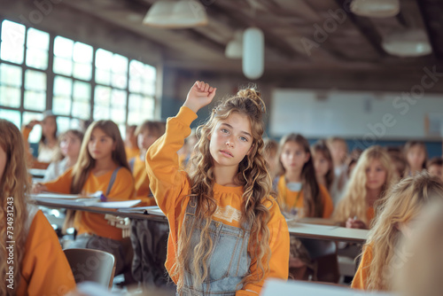 A high school student raising her hand in class.