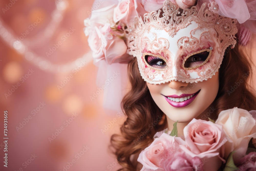 Joyful woman with a radiant smile in exquisite venetian carnival mask on vibrant pink background Joyful woman with a radiant smile in exquisite venetian carnival mask on vibrant pink background