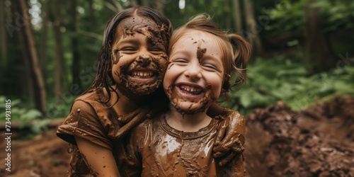 Two Joyful Children Embrace Their Playful Nature While Covered In Mud