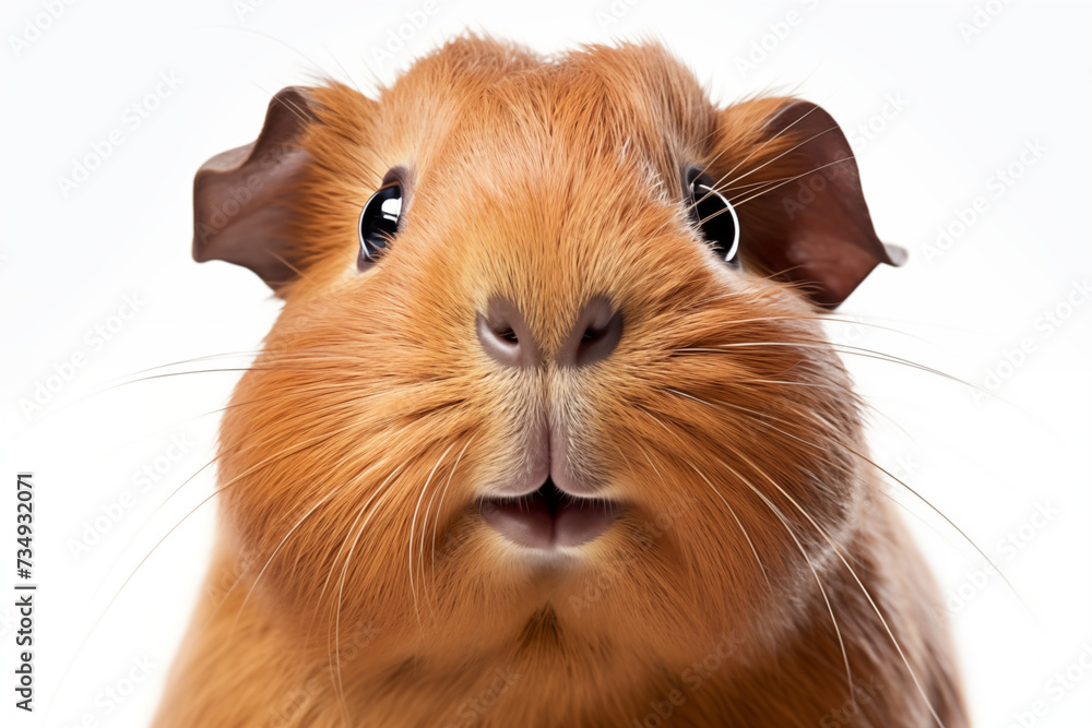 A portrait of a guinea pig with a surprised expression, set against a white background. This adorable and humorous image captures the endearing personality of these pets