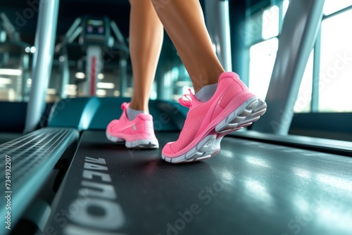 Closeup Of Woman's Legs Running On Treadmill At Fitness Center
